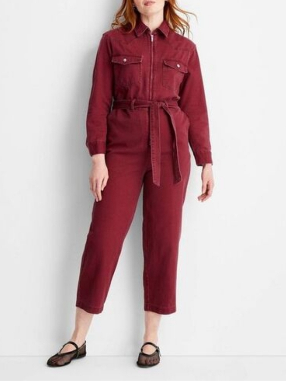 Future Collective Burgundy Long Sleeve Zipper Denim Utility Jumpsuit Maroon XS
